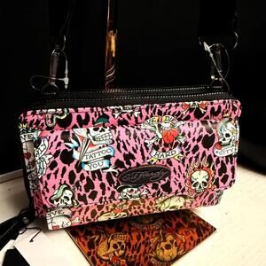 Ed Hardy Pink Leopard Skull Tattoo Wallet Crossbody Bag NWT